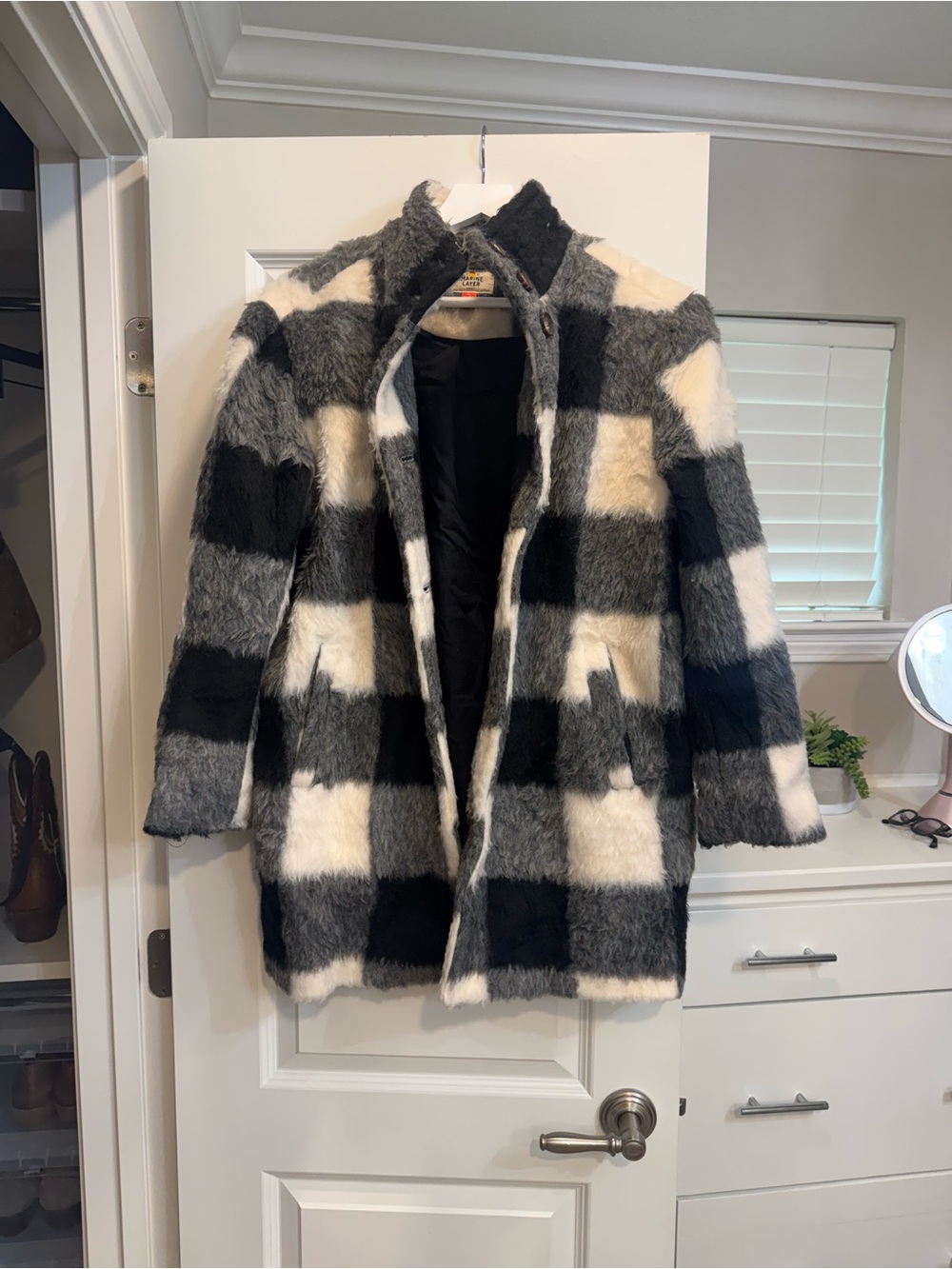Marine Layer Black, White & Gray Check Teddy Jacket